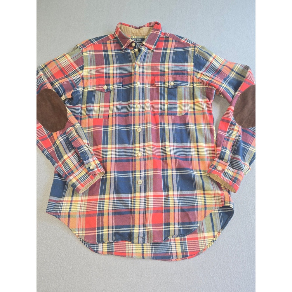 Polo Ralph Lauren Button Down Mens M Multicolor Plaid Suede Elbow Patches Cotton